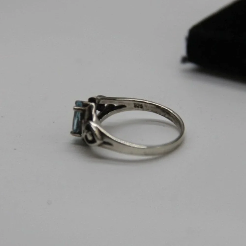 Sterling Silver 925 Blue Oval Topaz December Birthstone Ring Double Heart Size 7